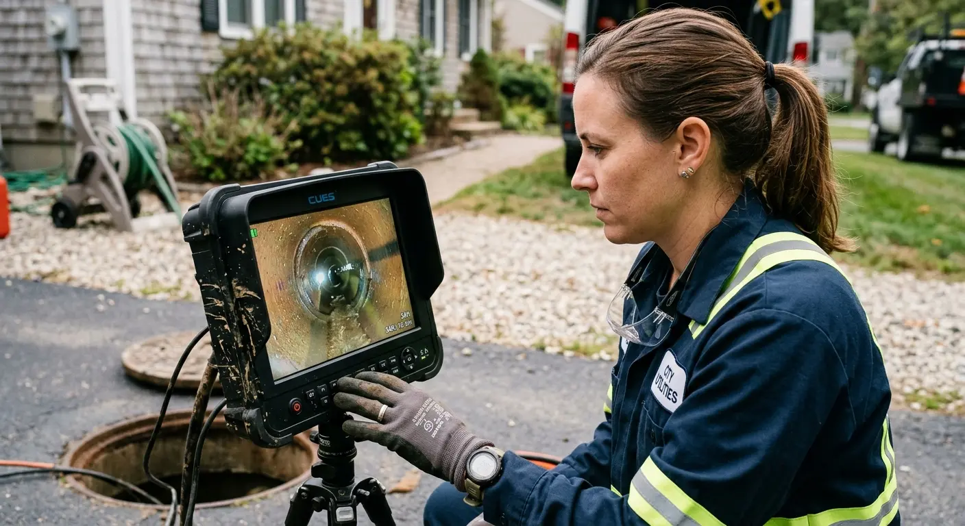 Technician reviewing sewer camera inspection footage in Catskill