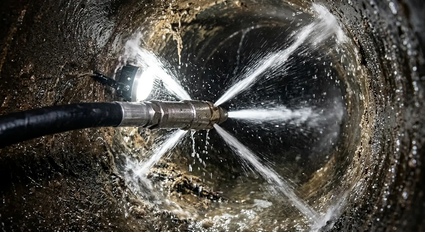 High-pressure hydro jetting nozzle cleaning sewer pipe for Trenchless Sewer Repair in Catskill