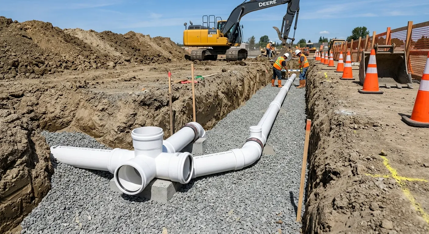 New PVC sewer pipe installation in open trench for Commercial Drain Cleaning in Catskill