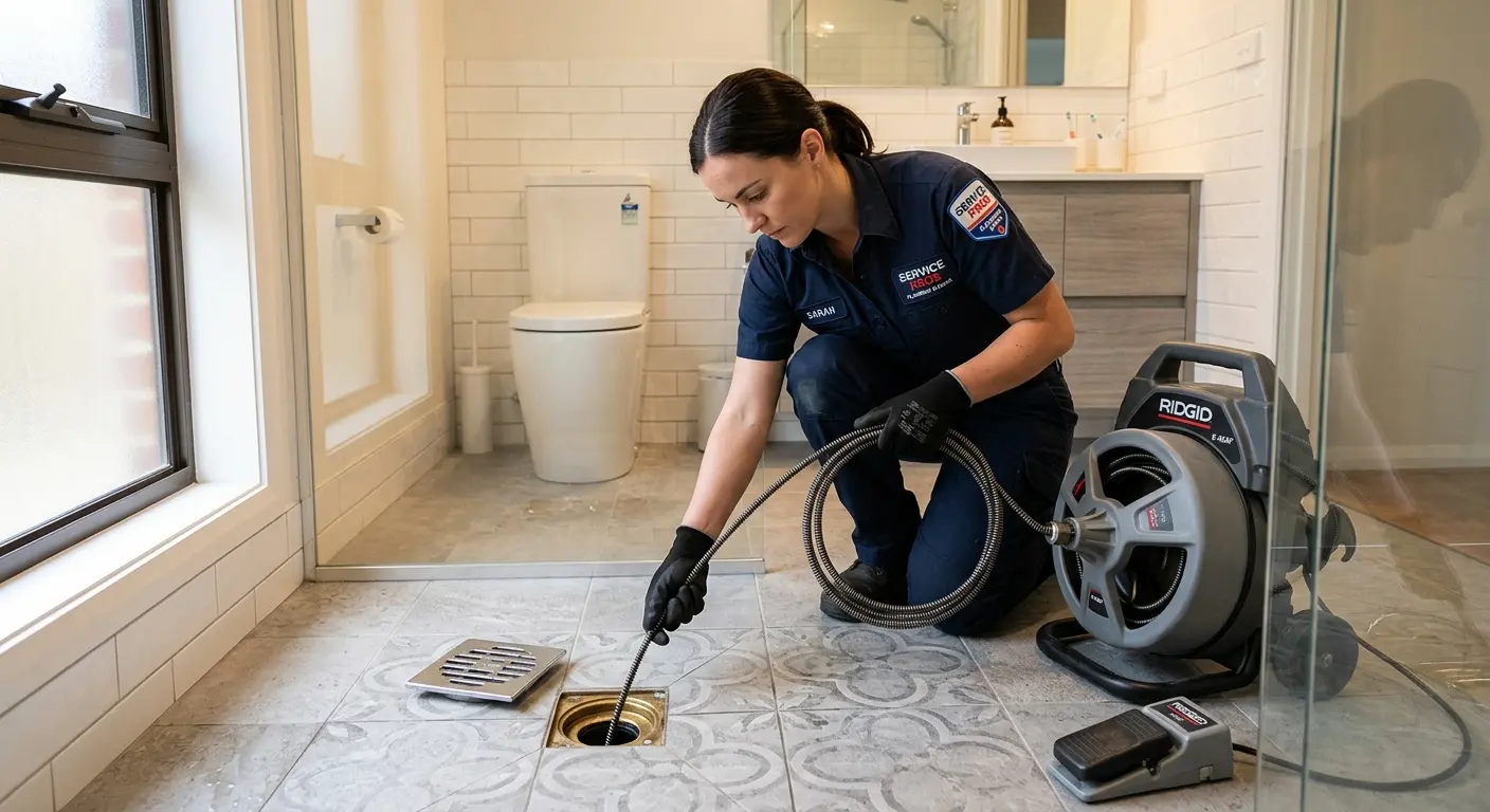 Technician clearing a bathroom floor drain for Clogged Drain Repair in Catskill